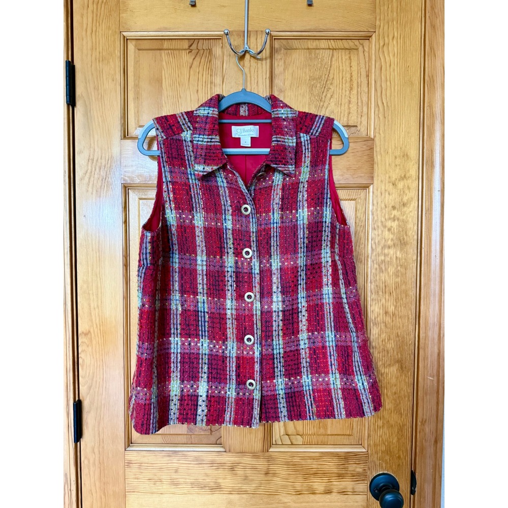 Vintage CJ Banks Plaid Vest Sleeveless Button Up Tweed Career Casual Red Women's